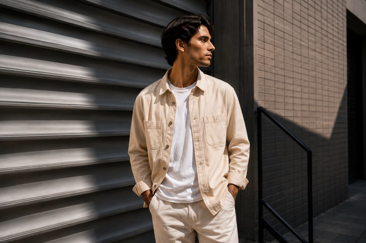 Overshirt cor de areia e calça off-white diante de uma porta de aço ondulado